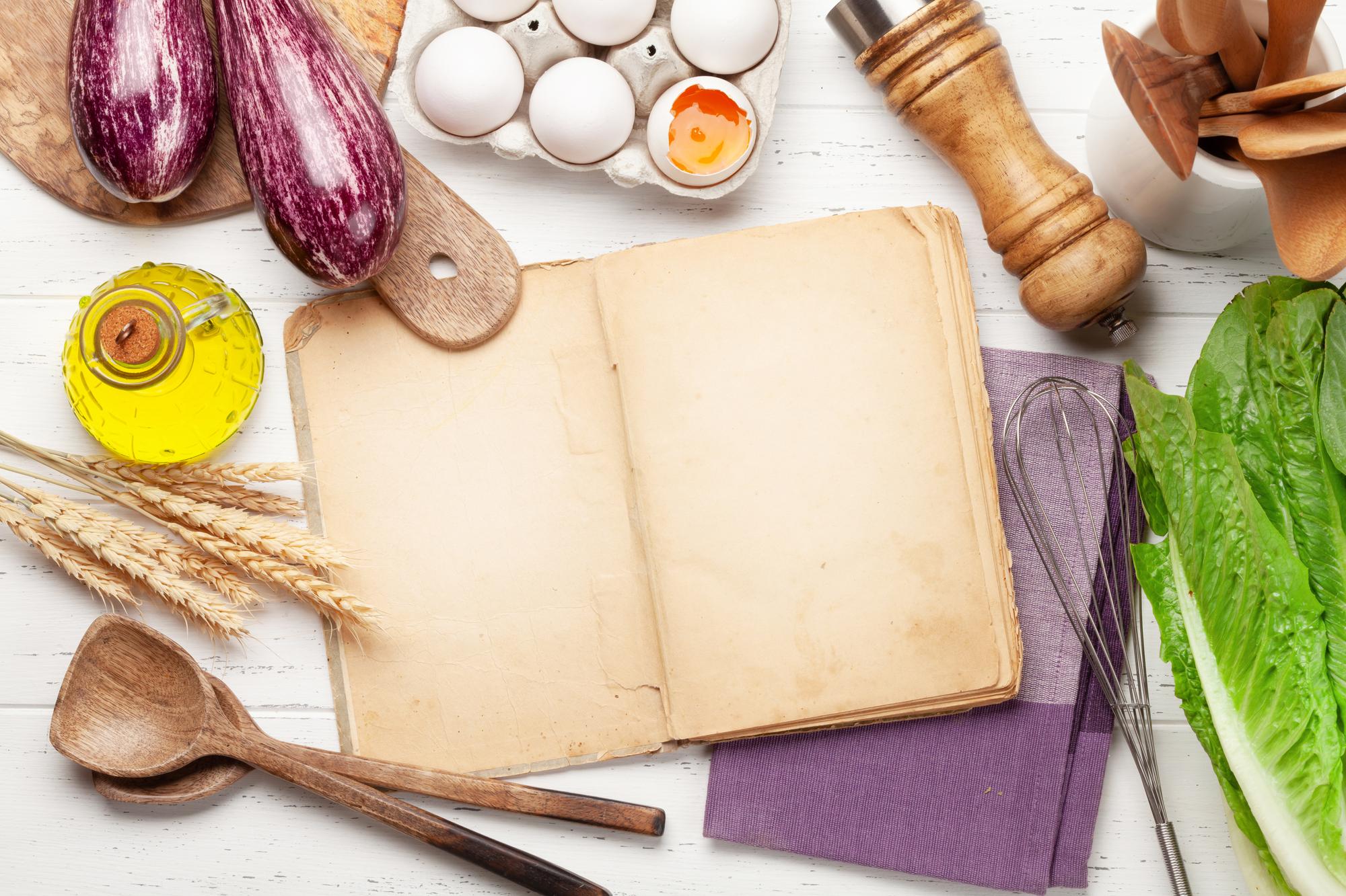 stacked recipe books and annotated cards